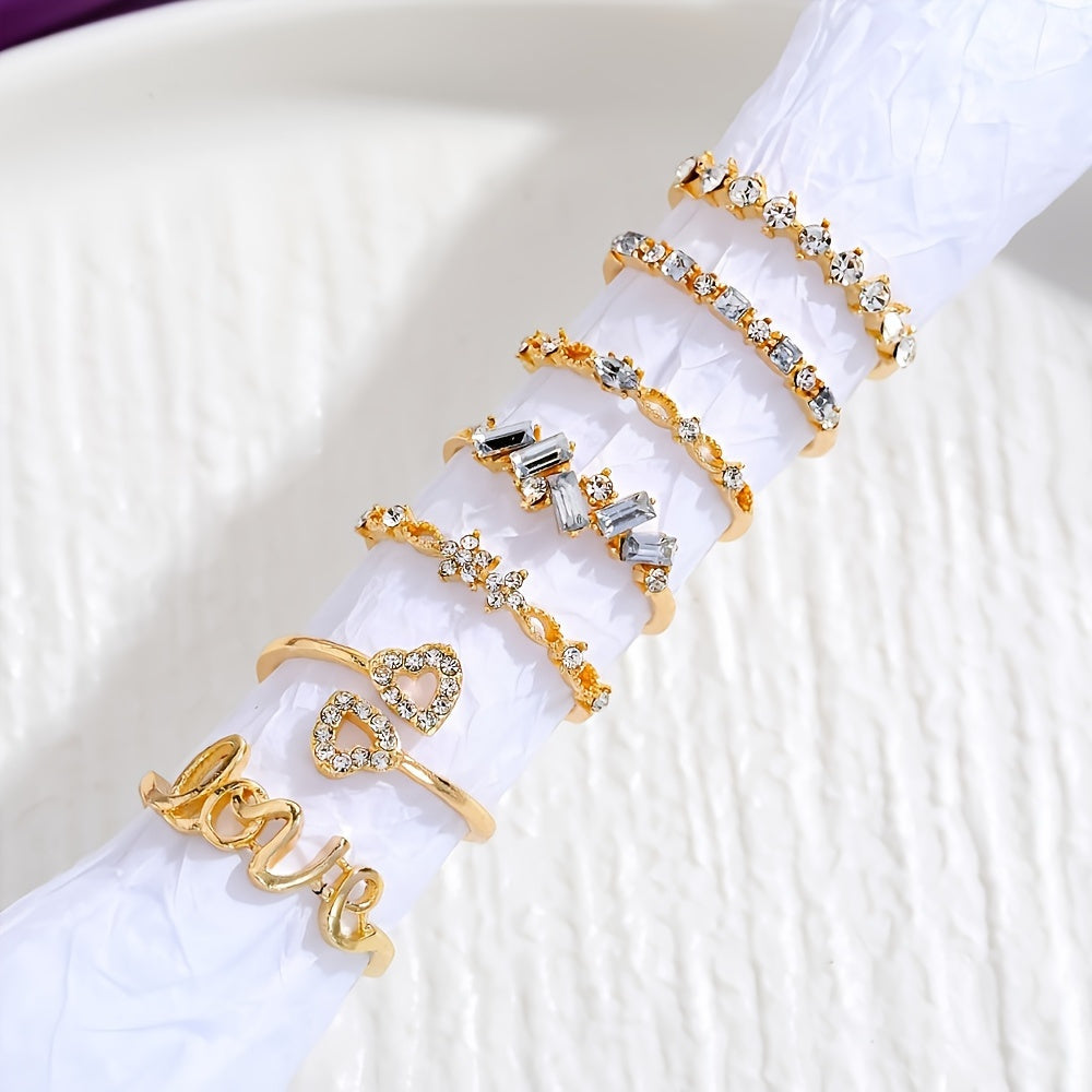 7-Piece Retro Bohemian Crystal Pearl Butterfly Golden Ring Set for Women - Vintage-Inspired Jewelry Collection with Butterfly-Shaped Accents, Pearl Embellishments, and Golden Plating - Perfect for Everyday Wear, Gift-Giving,